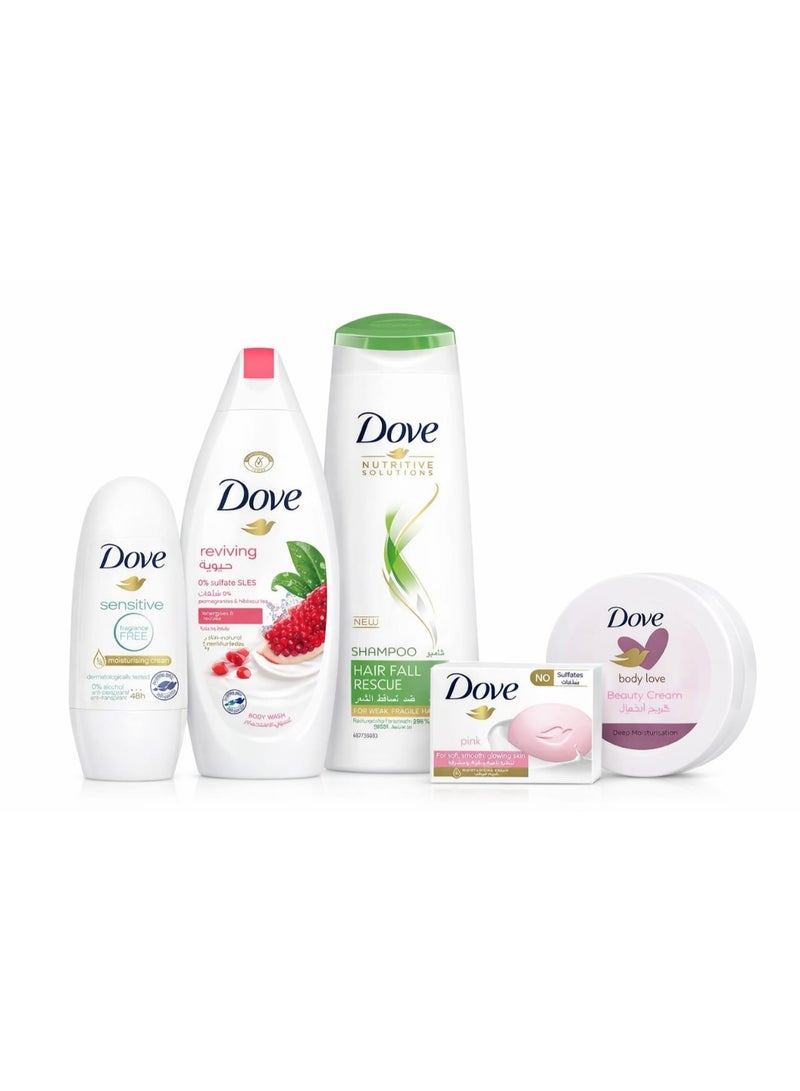 مجموعة دوف للعناية الكاملة 5 قطع - شامبو، غسول للجسم، مزيل عرق، كريم وصابون